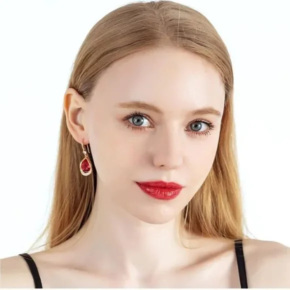 14K Yellow Gold and Ruby Red Austrian Crystal Teardrop Halo Drop Hook Earrings